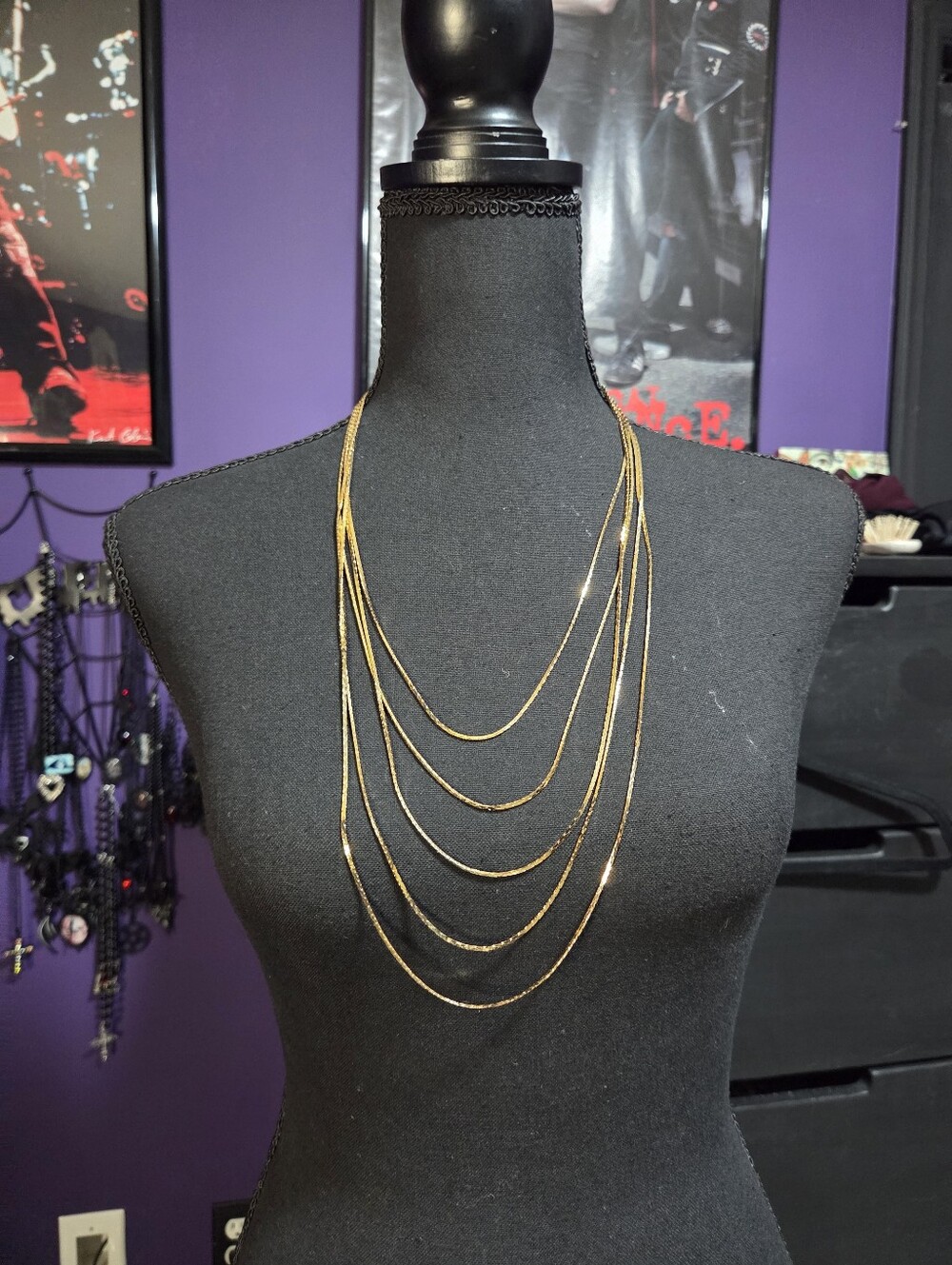 Vintage Gold Tone Multi Strand Cobra Chain Liquid Layer Necklace Waterfall 1970s